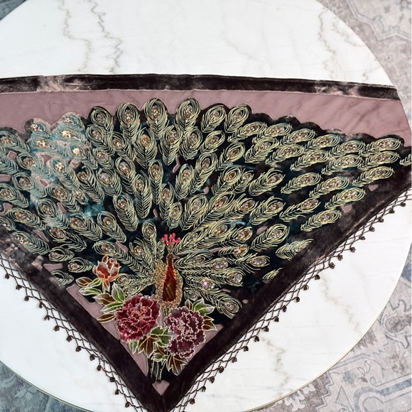 Vintage Peacock Velvet Beaded Tango Shawl | Fringe Wrap - Picture 3 of 7